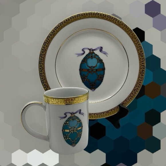 Gold Buffet Royal Gallery Teal Blue Faberge Egg Dessert Plate and Coffee Cup VTG - Picture 2 of 16